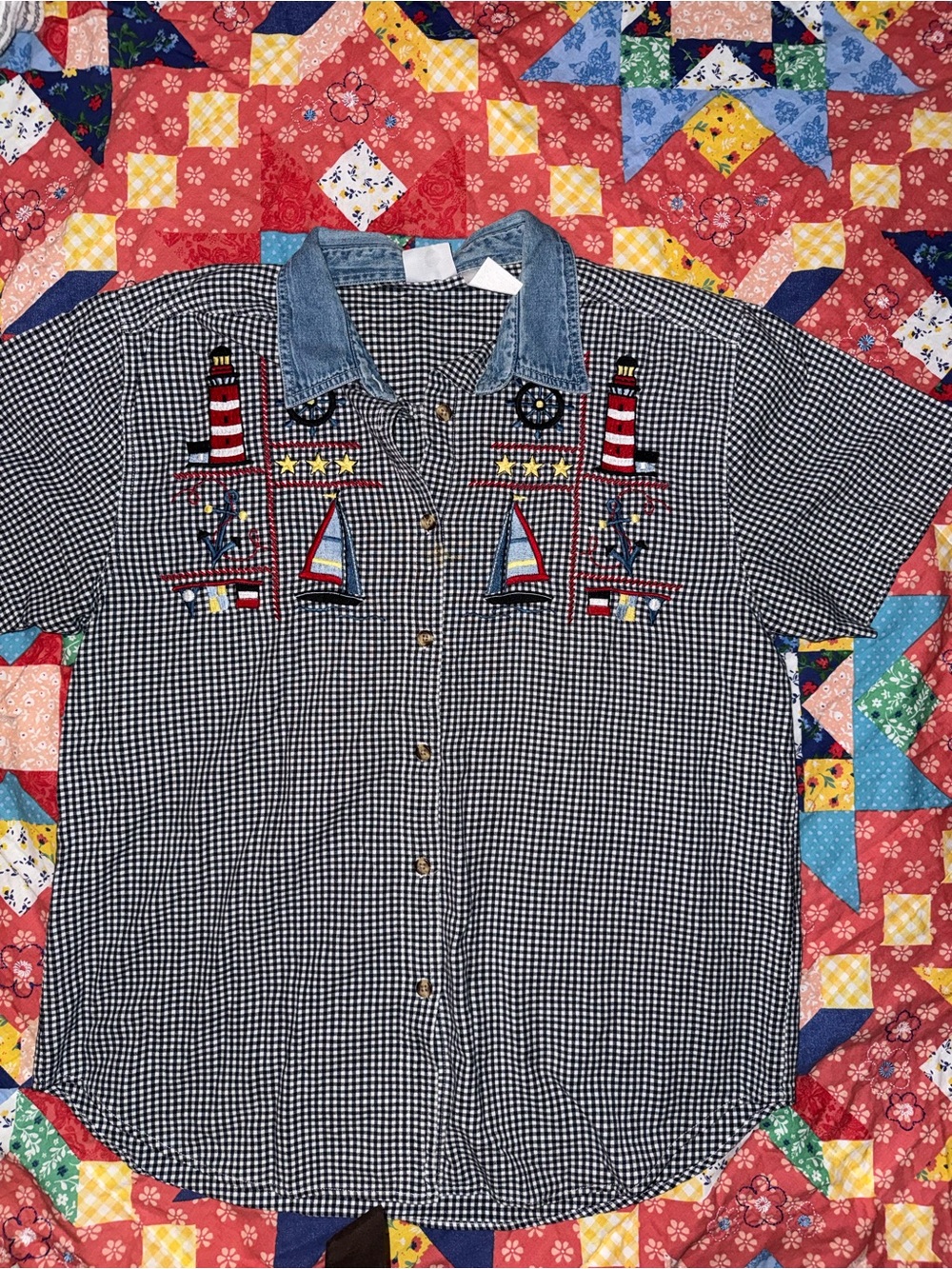 Bobbie Brooks Black & White Gingham Button-Down Shirt with Denim Collar